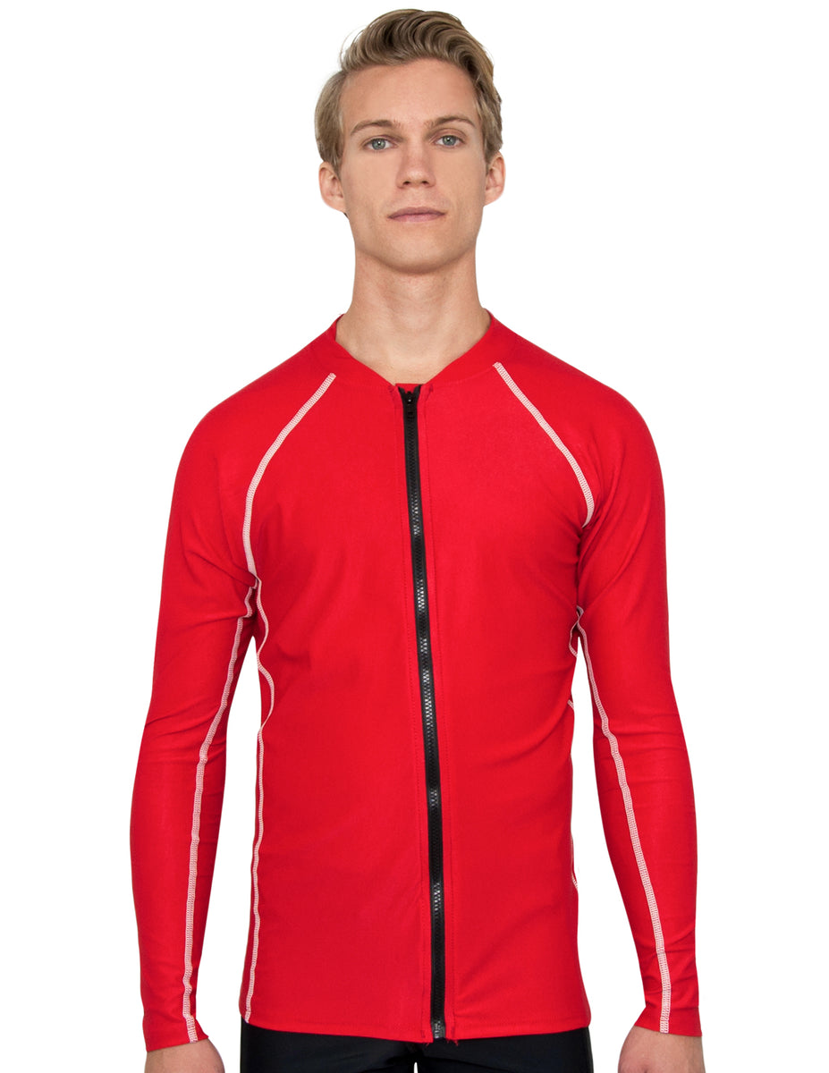 Men's Chlorine Resistant Long Sleeve Zip Rash Guard - Red – Tuga