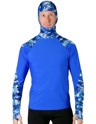 Men's Swim Crest Rash Guard with Fitted Hoodie - Blue Camo Tuga