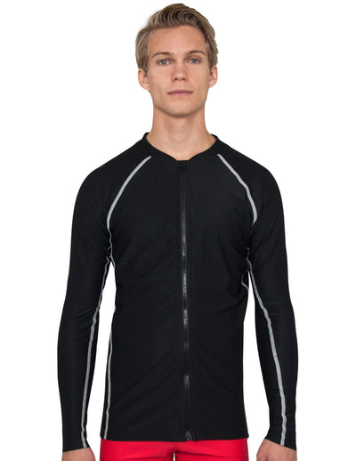 Men's Chlorine Resistant Long Sleeve Zip Rash Guard - Black Tuga
