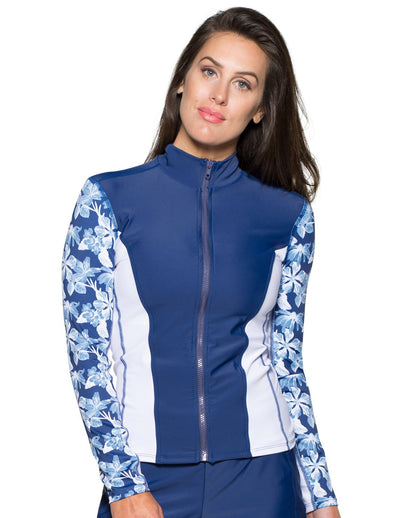 Women's Long Sleeve Zip Swim Jacket (Regular & Plus Size) - Retro Floral Tuga