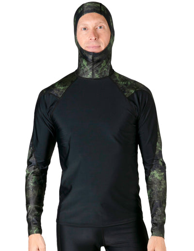 Men's Swim Crest Rash Guard with Fitted Hoodie - Green Camo Tuga