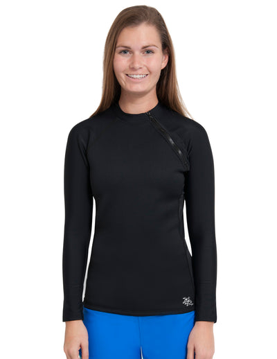 Women's Hybrid Thermal Zip Rash Guard - Black / Black Tuga