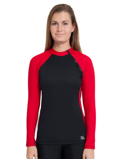 Women's Hybrid Thermal Zip Rash Guard - Black / Red Tuga