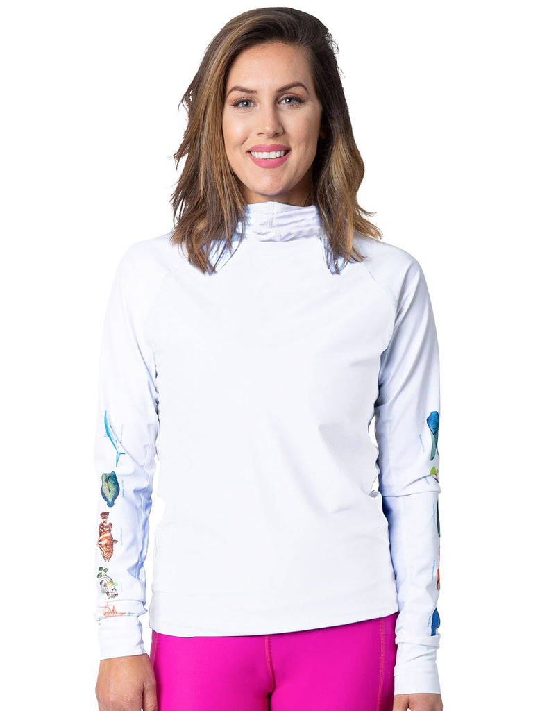 水着・ラッシュガード corally swim Mexican Hoodie Rashguard Women's Snorkel Hoodie Rash Guard - Caribbean Fish ID - White