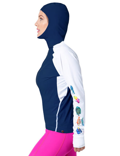 Women's Snorkel Hoodie Rash Guard - Caribbean Fish ID - Navy Tuga