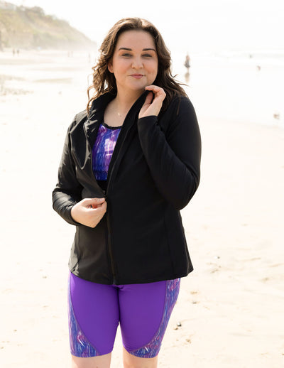 Women's Long Sleeve Zip Swim Jacket (Regular & Plus Size) - Black Tuga