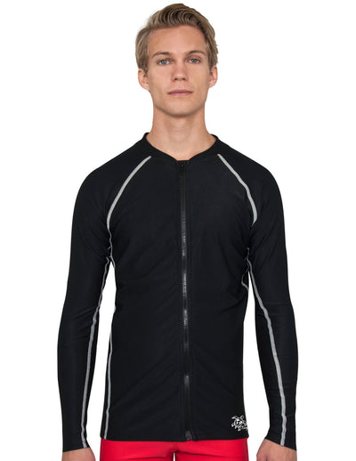 Men's Chlorine Resistant Long Sleeve Zip Rash Guard - Black Tuga