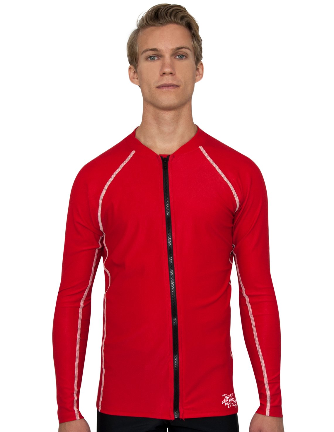 Men's Chlorine Resistant Long Sleeve Zip Rash Guard Red Tuga
