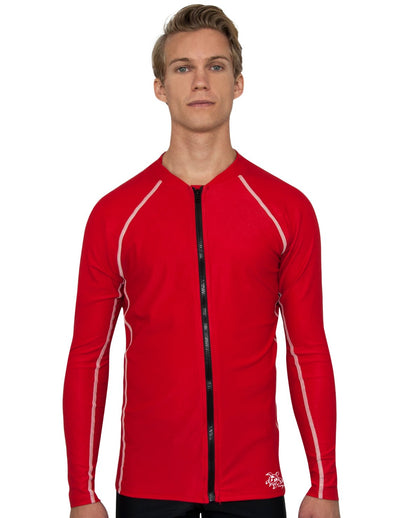 Men's Chlorine Resistant Long Sleeve Zip Rash Guard - Red Tuga