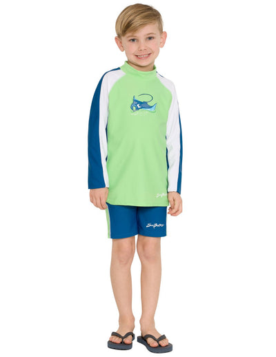Long Sleeve Rash Guard with Swim Short - Flash Green SunBusters Kids